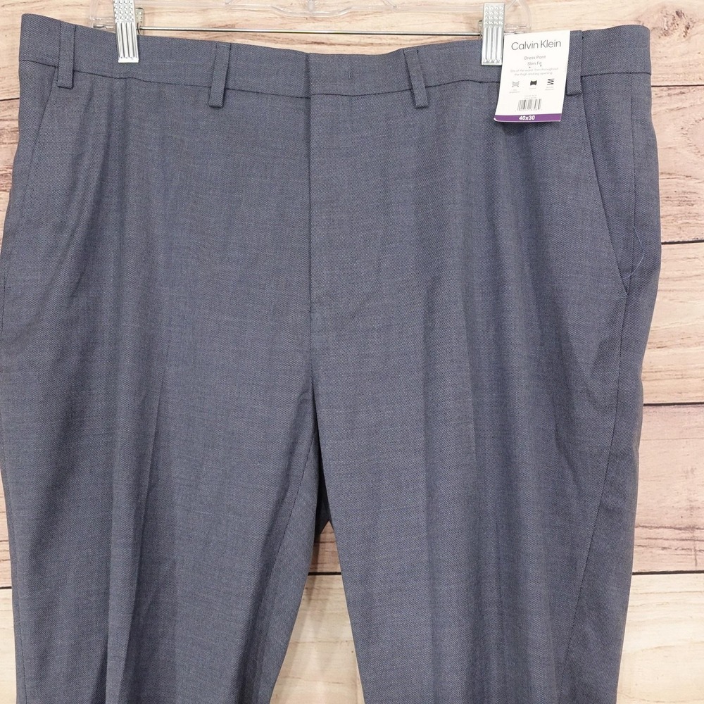 New! Calvin Klein Dress Pants Mens 40x30 Blue Slim Fit Stretch Flat Front - Picture 2 of 10